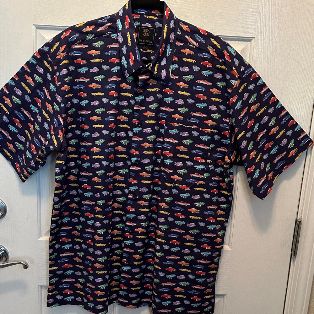 F/X Fusion Navy Short-Sleeve Button-Down Shirt with Multicolor Vintage Car Print